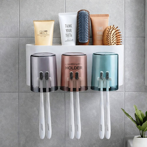 Wall Mounted Automatic Toothbrush Holder with Storage Shelf – 3 Cup Family Bathroom Organizer