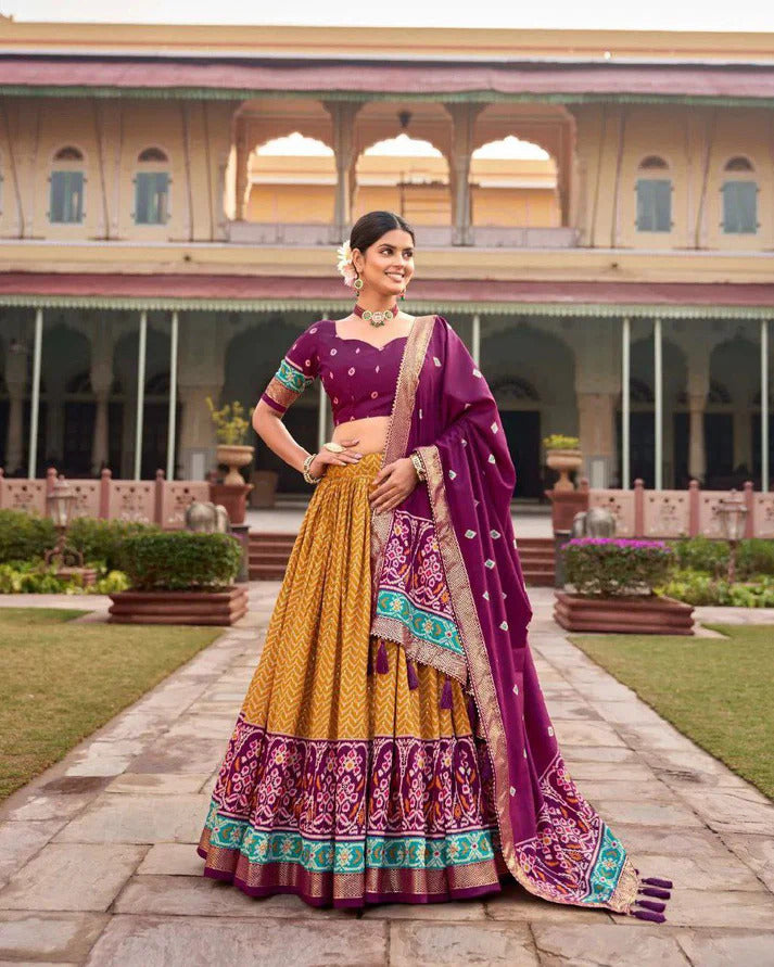 Mustard & Purple Patola Printed Silk Traditional Special Lehenga Choli.