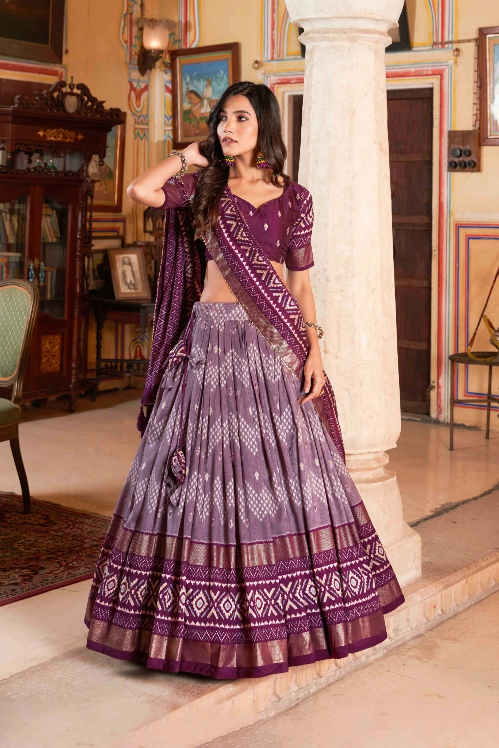 Wine Color Dot And Ikkat Print With Foil Work Tussar Silk Lehenga Choli.