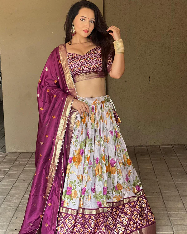 Wine Color Tussar Silk Floral And Patola Printed Lehenga Choli.