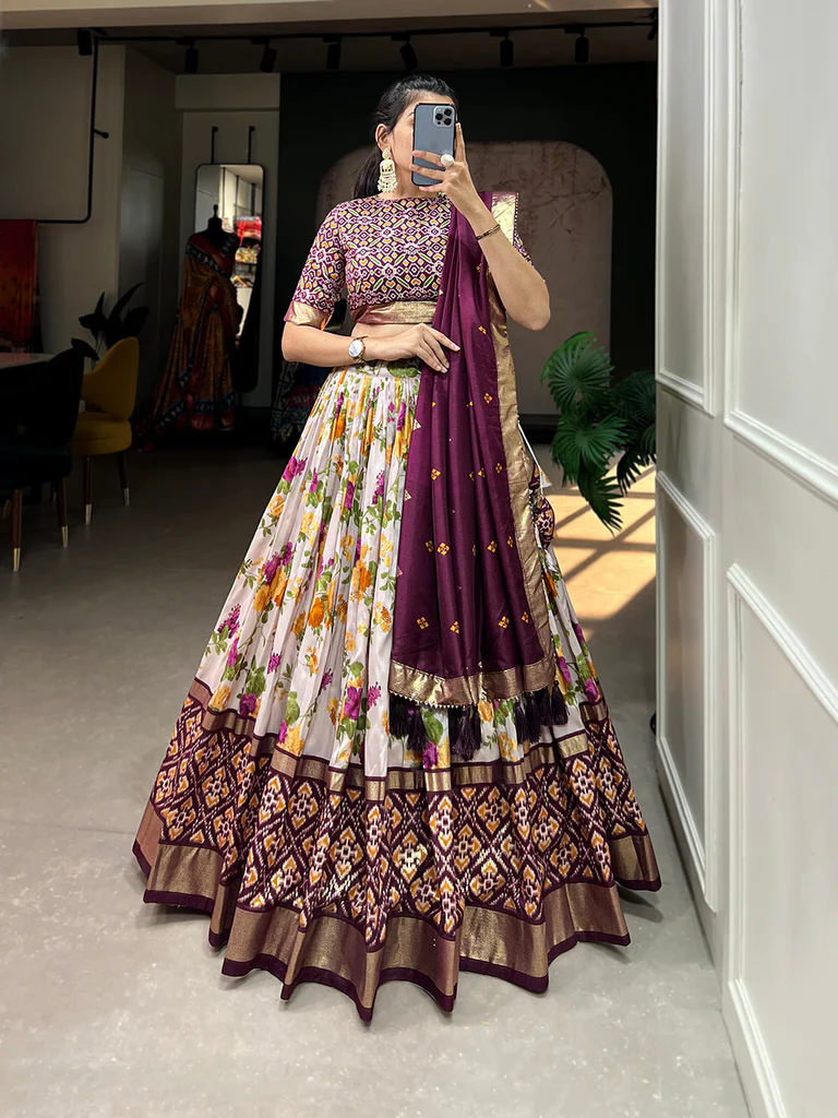 Wine Color Floral And Patola Printed With Foil Work Tussar Silk Wedding Lehenga Choli.