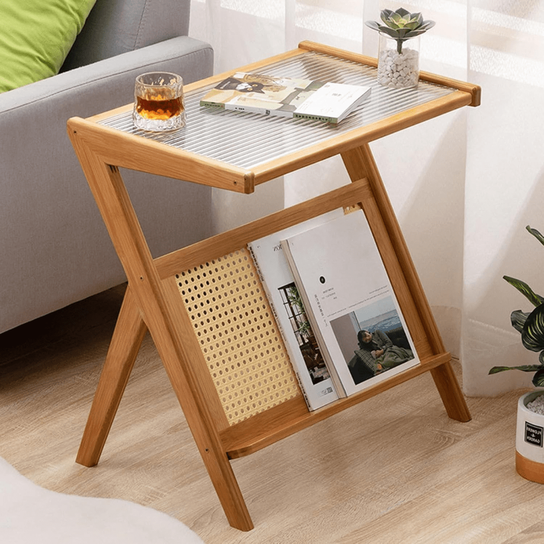 Modern Bamboo Side Table with Glass & Storage Shelf (55cm)