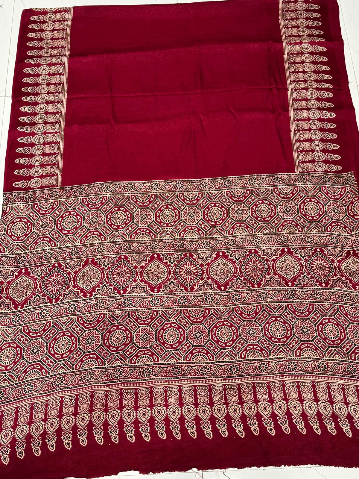 Maroon Ajrakh Hand Block Modal Silk Saree With Fancy Ajrakh Pallu and Border For Women