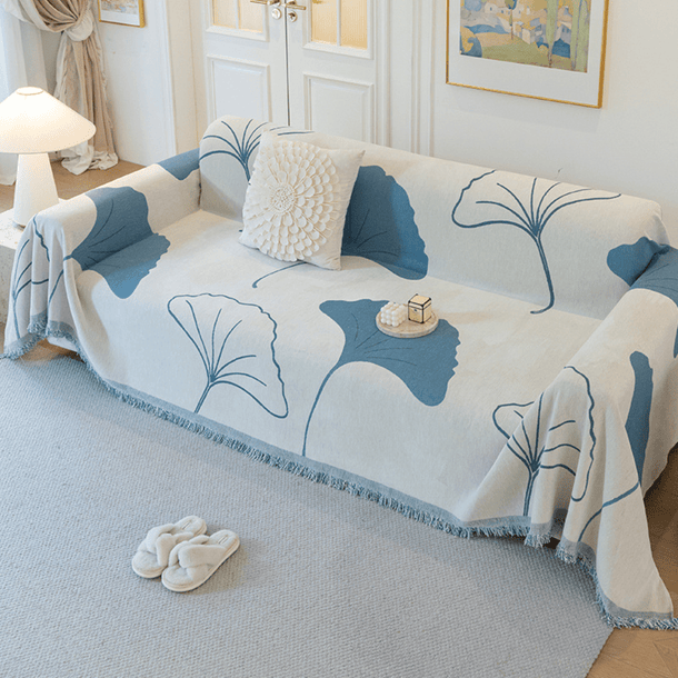 Ginkgo Leaf Print Blue Elegance Chenille Sofa Cover :[EM-SC-29] Style-2