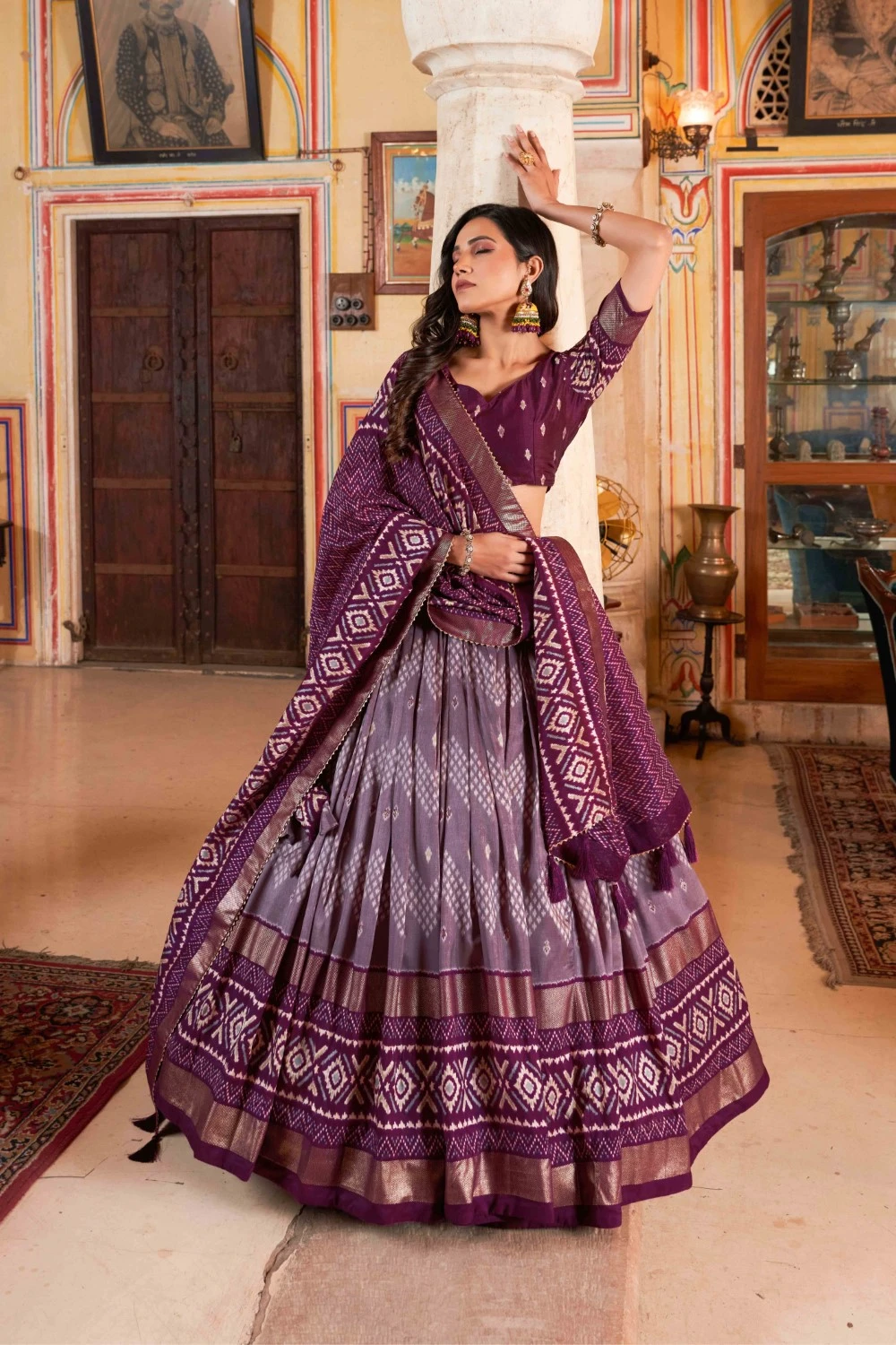 Wine Color Dot And Ikkat Print With Foil Work Tussar Silk Lehenga Choli.