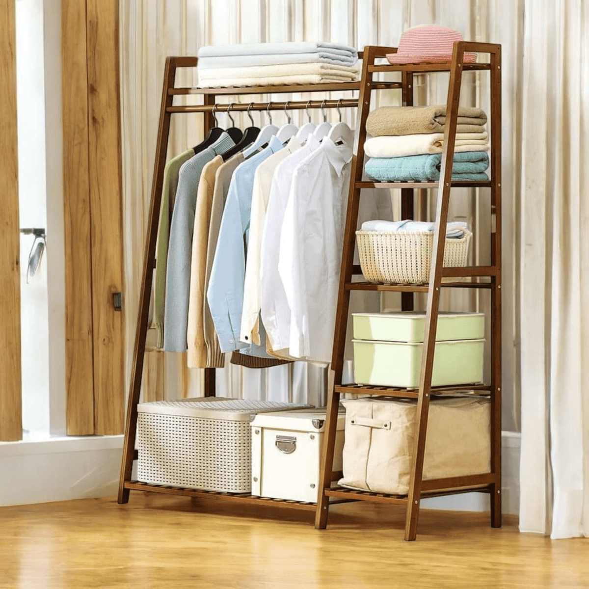 Multi-Functional Bamboo Clothing Rack with Shelves and Hanging Rod (110cm)