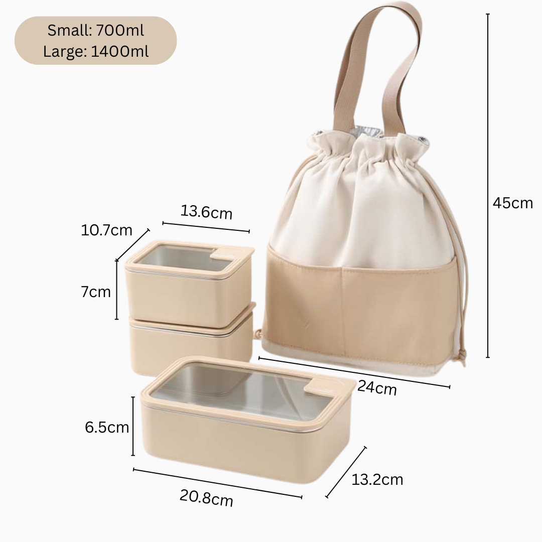 304 Stainless Steel Double Layer Lunch Box with Glass Lid and Bag