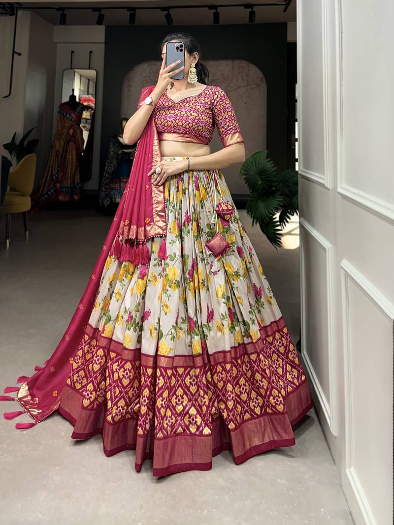 Designer premium multi color function wear floral and patola print with foil work tussar silk lehenga choli.