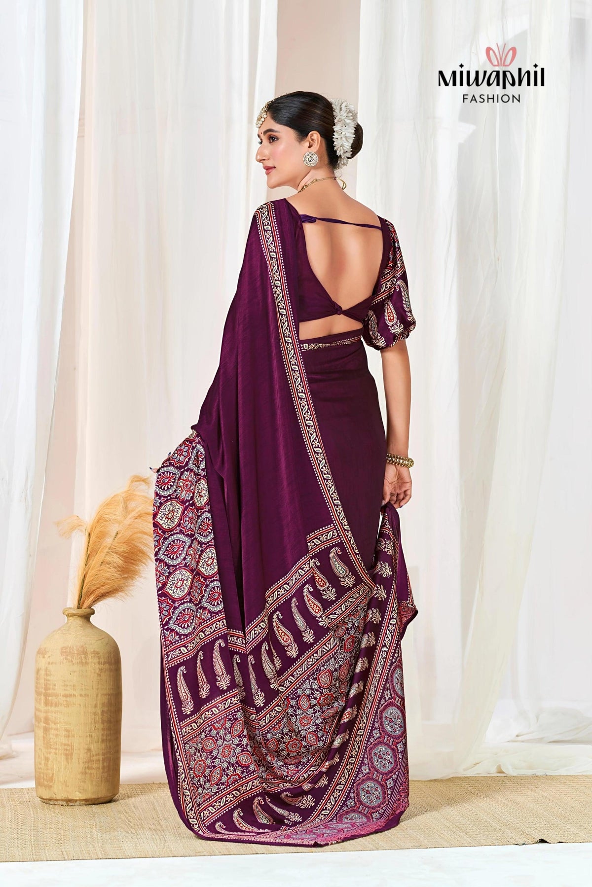 Wine Ajrakh Printed Modal Silk Plain Saree With Ajrakh Blouse P6 For Women