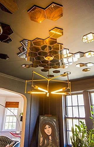 WallDaddy Mirror Stickers For Wall Pack Of 48 Hexagon Gold Color Flexible Mirror Size (10×12)Cm Each Hexagon