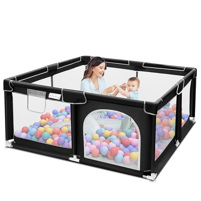 Baby Playpen with Balls – Portable Play Yard with Mesh Panels for Safety & Visibility, Indoor/Outdoor Toddler Activity Fence for Boys & Girls (Black)