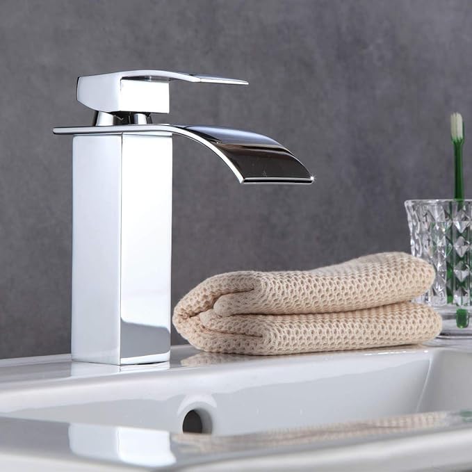 Kitchen Waterfall Faucet Chrome Bathroom Sink Faucet Adopts Single Lever Faucet Basin Mixer Tap with Deck Plate, Stainless Steel Hot Cold Vanity Kitchen Sink Faucet