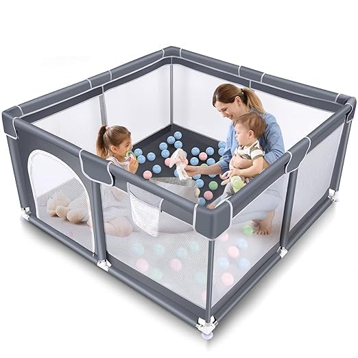 Baby Playpen with Balls – Portable Play Yard with Mesh Panels for Safety & Visibility, Indoor/Outdoor Toddler Activity Fence for Boys & Girls (Gray)