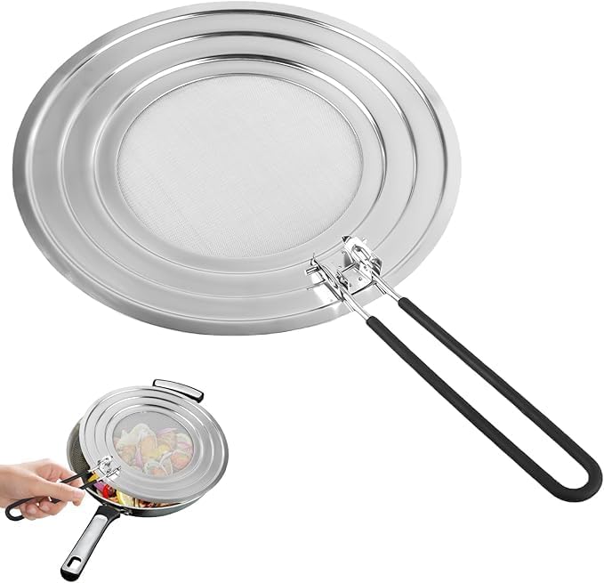 Splash Guard for 30 cm Frying Pans Stainless Steel with Folding Handle to Protect Against Grease Splashes, Guard for Frying Pans for with Folding Heat-Resistant Silicone Handle.