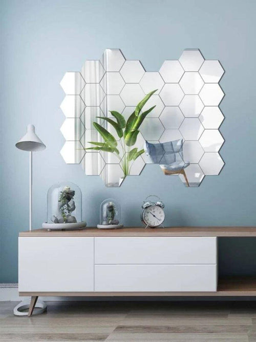WallDaddy Mirror Stickers For Wall Pack Of 40 Hexagon Silver Color Flexible Mirror Size (10×12)Cm Each Hexagon