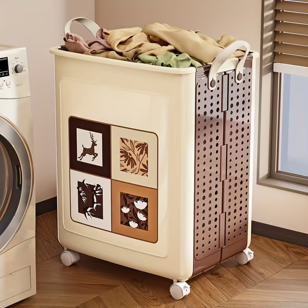 Space-Saving Folding Laundry Basket with Wheels and Handles