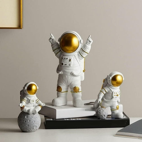 Astronaut Spaceman Statue Ornament Home Office Desktop Figurine Decors Set of 3 – Golden