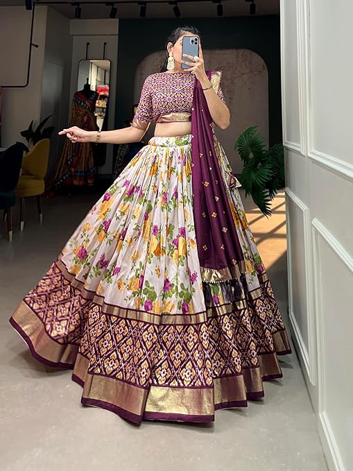 Wine Color Floral And Patola Printed With Foil Work Tussar Silk Wedding Lehenga Choli.