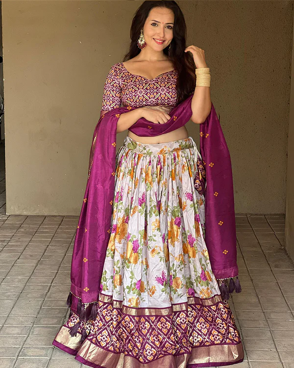 Wine Color Tussar Silk Floral And Patola Printed Lehenga Choli.