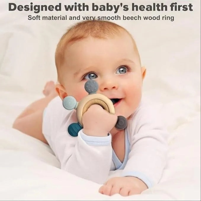 Baby Silicone & Wooden Teething Toy – BPA-Free Sensory Teether
