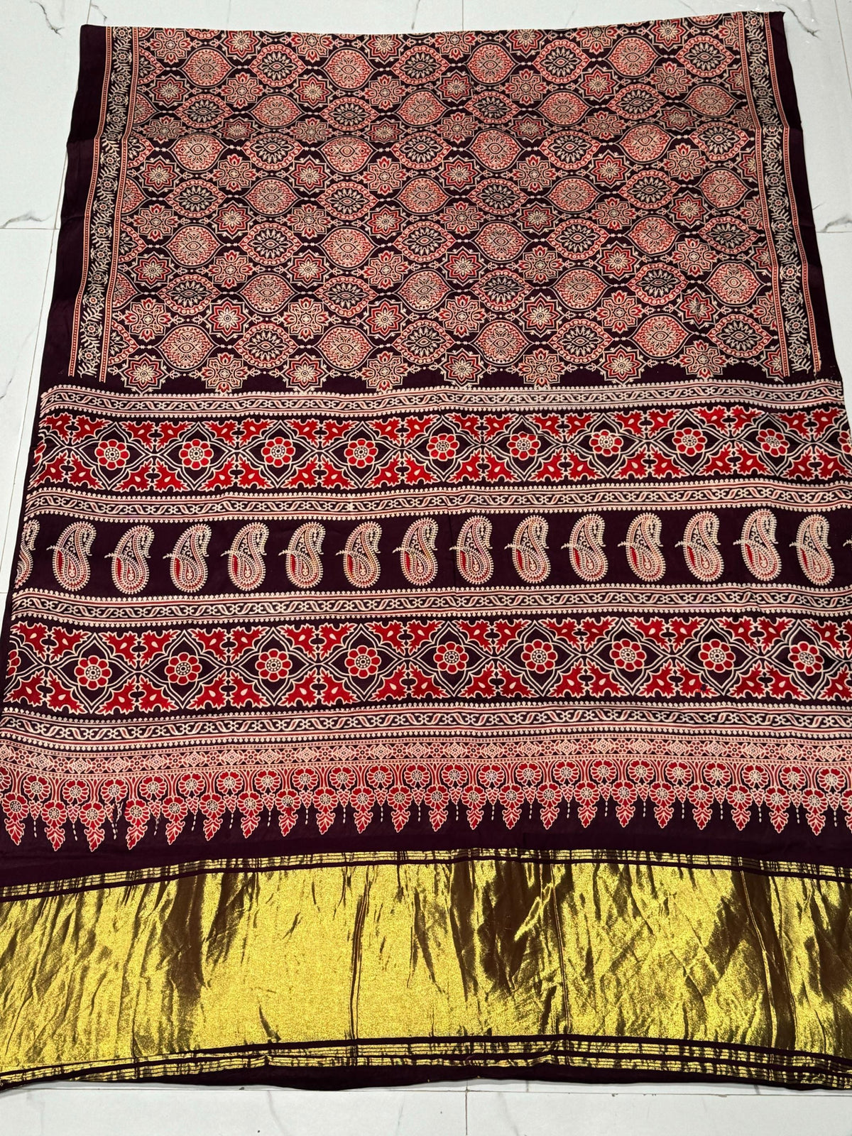 New Wine Ajrakh Hand Block Modal Silk Saree With Zari Pallu A2 For Women