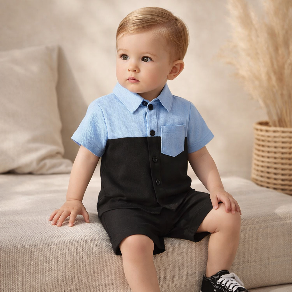 Sky Blue & Black Color Block Kids Shirt & Shorts Set