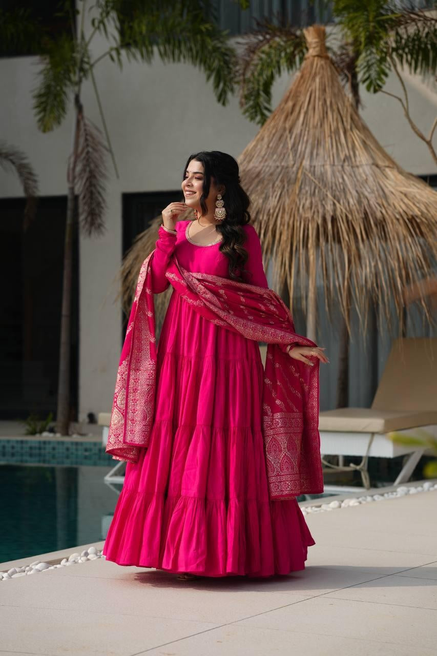 Pink Chanderi Silk Full Churidar Sleeves Lace Work Anarkali Salwar Suit