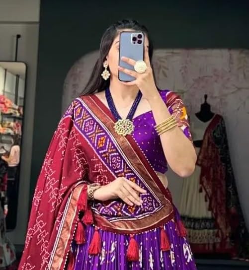 Women's Traditional Wear Tussar Silk Ikkat Patola Print Lehenga Choli Set.
