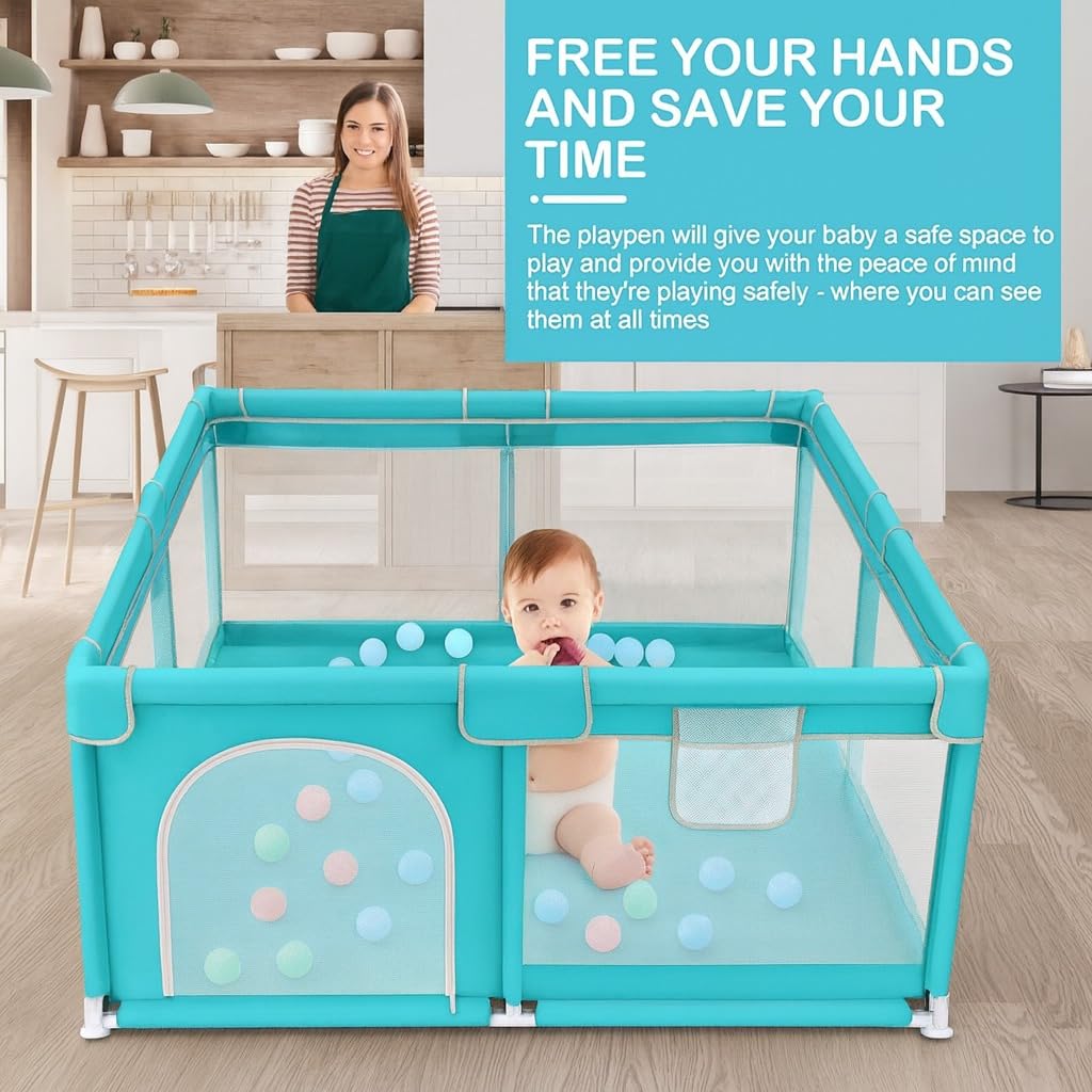 Baby Playpen for Kids & Toddlers, Large Safety Playpen with Breathable Mesh, Secure Lock Gate & Anti-Slip Base, Indoor & Outdoor Baby Play Area for Crawling, Playing & Learning