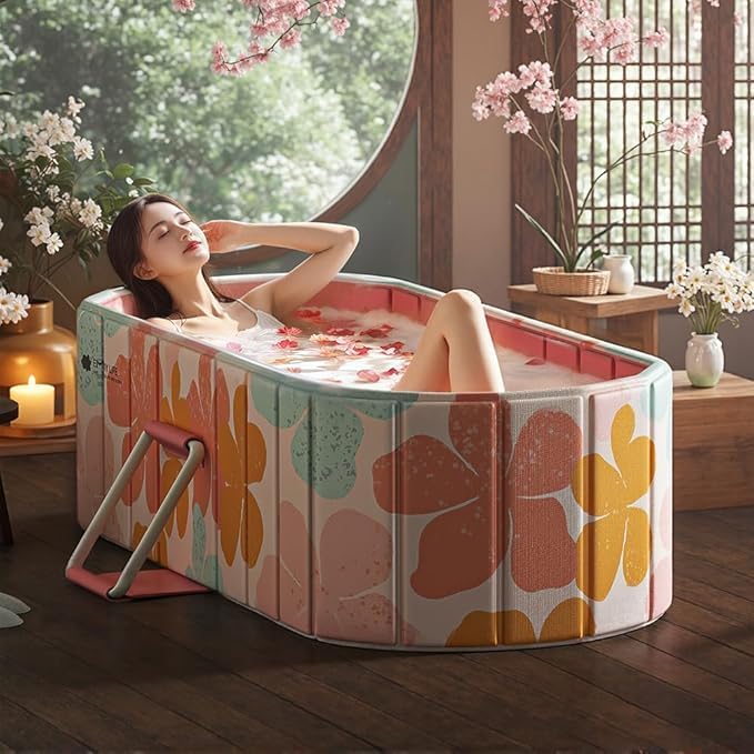 Portable Bathtub for Adult Large Foldable No Installation Bath Tub for Shower Stall, Bathroom Hot SPA Soaking Standing Tub, Collapsible Plunge Tub (pink)