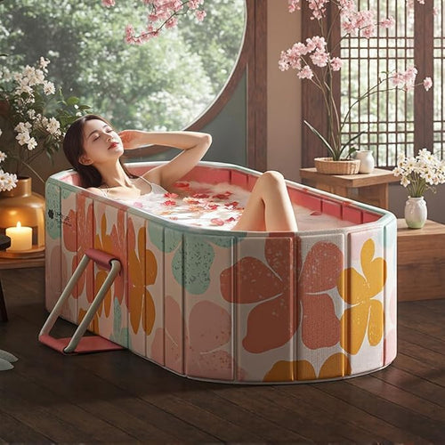 Portable Bathtub for Adult Large Foldable No Installation Bath Tub for Shower Stall, Bathroom Hot SPA Soaking Standing Tub, Collapsible Plunge Tub (pink)