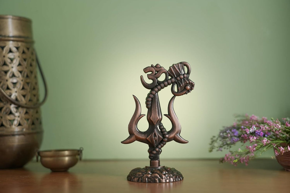 5 Inch Metal Shiv Trishul with Om and Damru | Decorative Idol for Home Temple and Office (Copper)