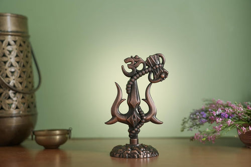 3 Inch Metal Shiv Trishul with Om and Damru | Decorative Idol for Home Temple and Office (Copper)