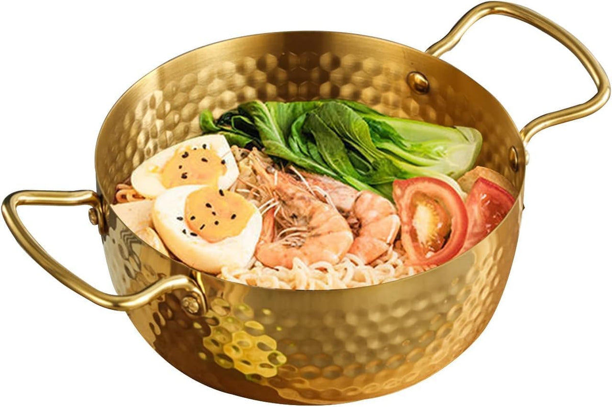 Stainless Steel Kadai Brass Noodle Pot with Double Handles | Hammered Men Pot for Korean Ramen, Soup, Curry, Pasta, Stew | Nonstick Gold Ramyun Cooker for Kitchen Cooking.