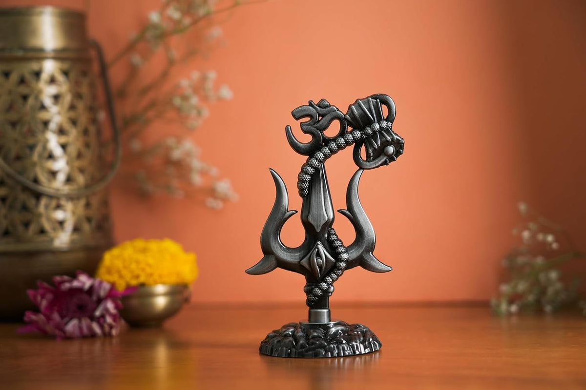 5 Inch Metal Shiv Trishul with Om and Damru | Decorative Idol for Home Temple and Office (Silver)