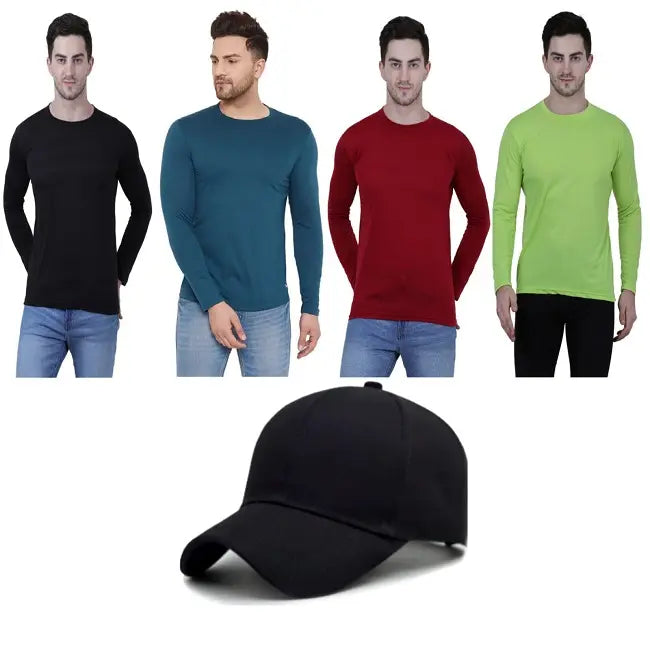 Men’s Full Sleeves Round Neck T-shirt With Combo Summer Cap
