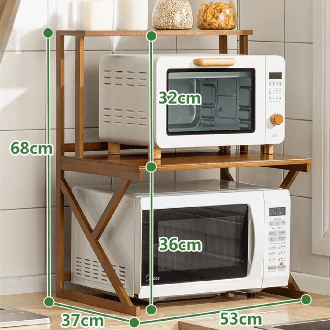 Multi-Tier Bamboo Microwave Oven Rack with Storage Hooks (53cm)