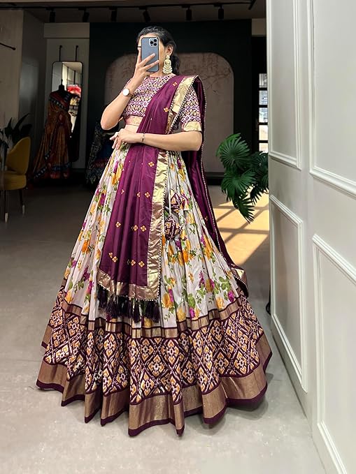 Wine Color Floral And Patola Printed With Foil Work Tussar Silk Wedding Lehenga Choli.