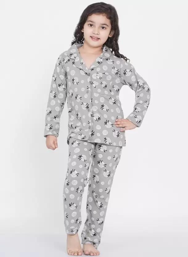 Kids Girls Cotton Night Suit Grey Polka & Bunny Print Full Sleeves Pajama Set