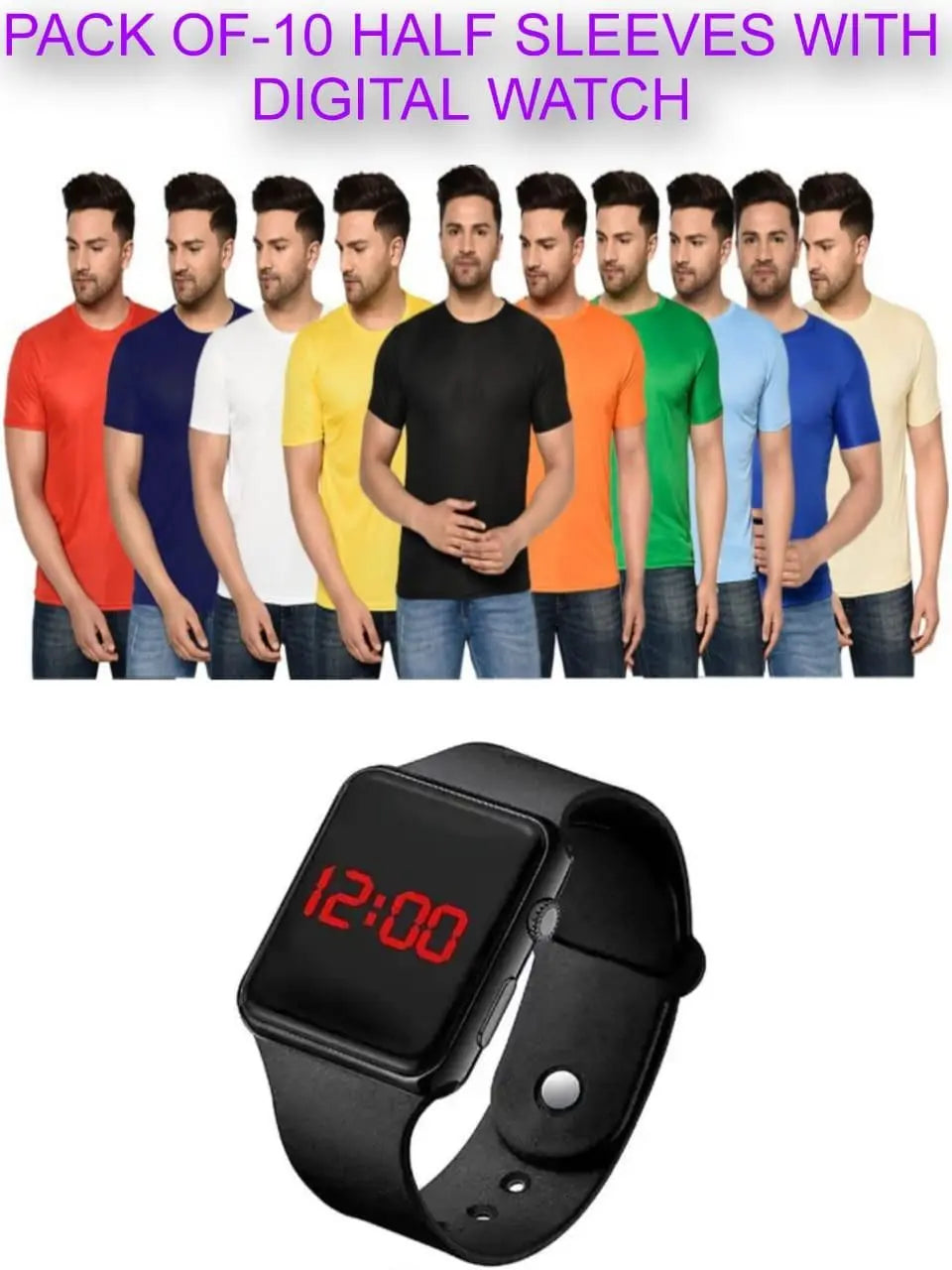 Pack of 10 Half Sleeves T-shirts with Free Digital Watch for Men