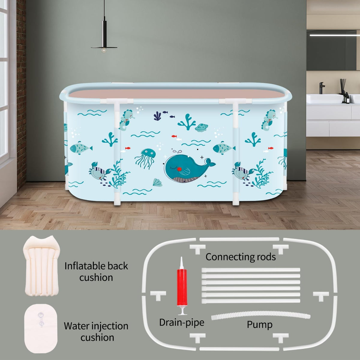 Adult Folding Bathtub - Portable Soaking Tub, Collapsible Family SPA Barrel, Maintaining Hot & Cold Temperature With Drainage Hole & Thicken Layer for Home Hot Water & Ice Bath(FISH SKY BLUE)