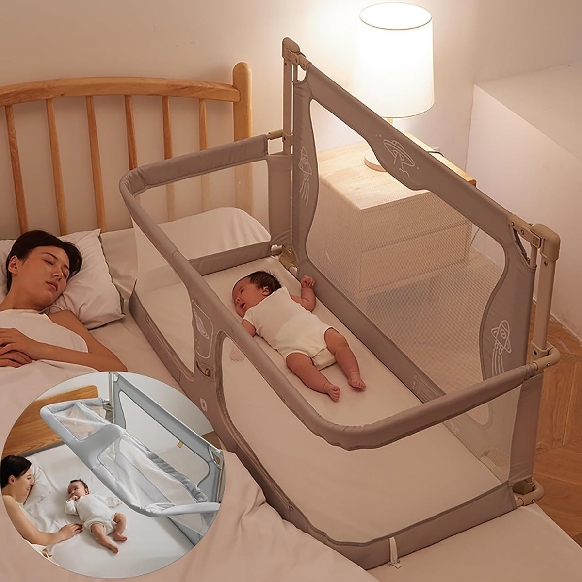 HEVASNEK3-in-1 Baby Sleeping Bed, Bassinet Bedside Sleeper, Co-Sleeper Crib for Newborns, Next-to-Me Design, Breathable Mesh Window, Washable Liner, Easy Assemble, Portable, Soft Fabric (Creamy-white)