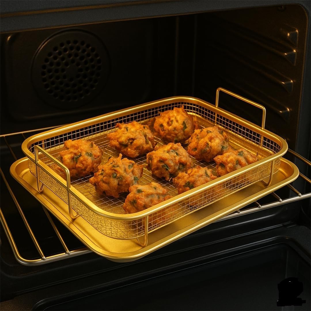 Air Fryer Basket for Oven – 2-Piece Golden Stainless Steel Crisper Tray & Baking Sheet Set Rust-Resistant, Non-Stick Oven Grill Basket & Cookie Sheet Healthy Cooking & Even Crisping