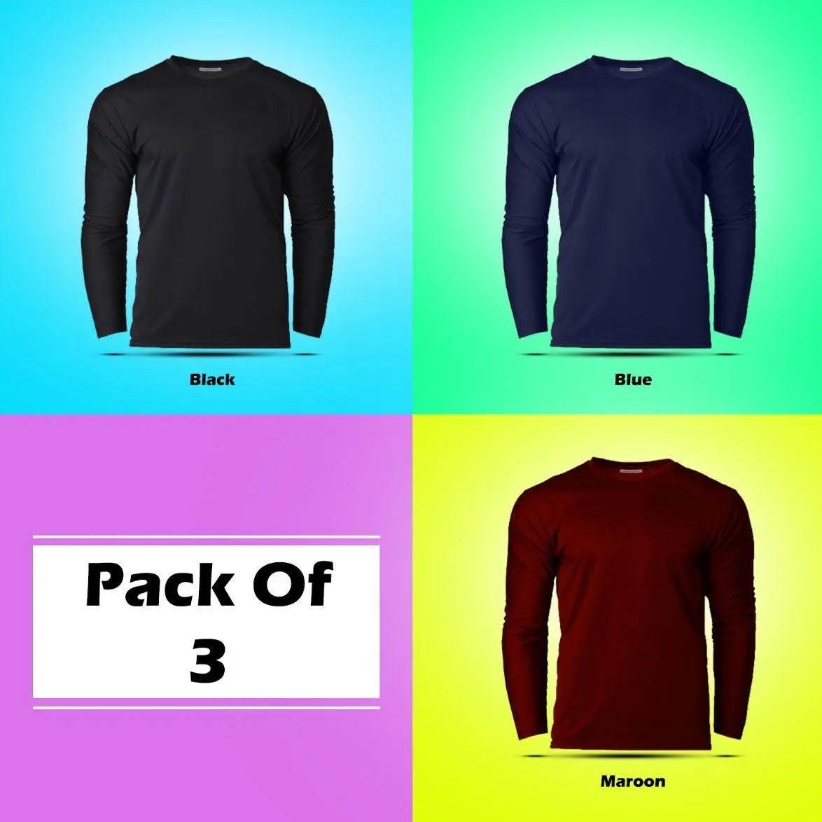Cotton Solid Round Neck Full Sleeves T-Shirt (Pack of 3) For Men
