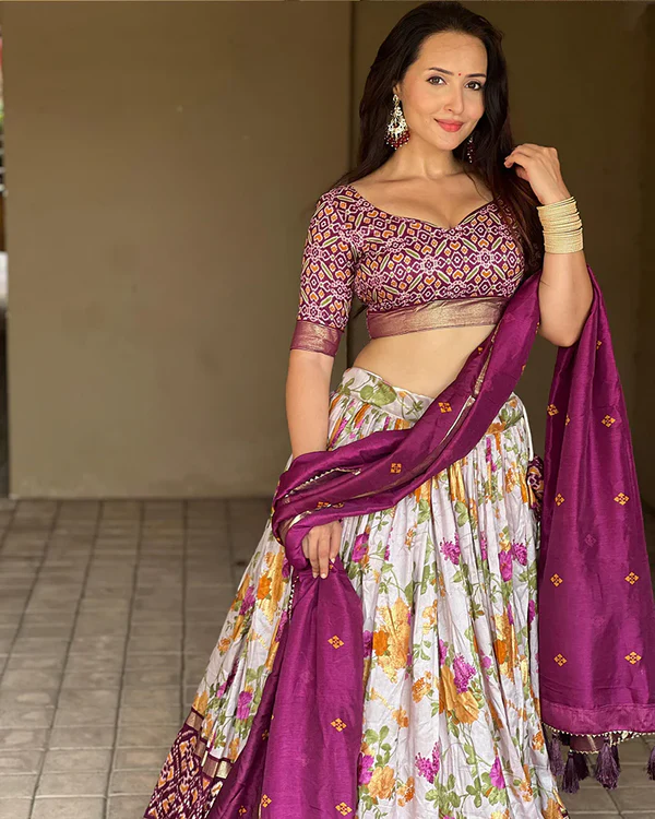 Wine Color Tussar Silk Floral And Patola Printed Lehenga Choli.