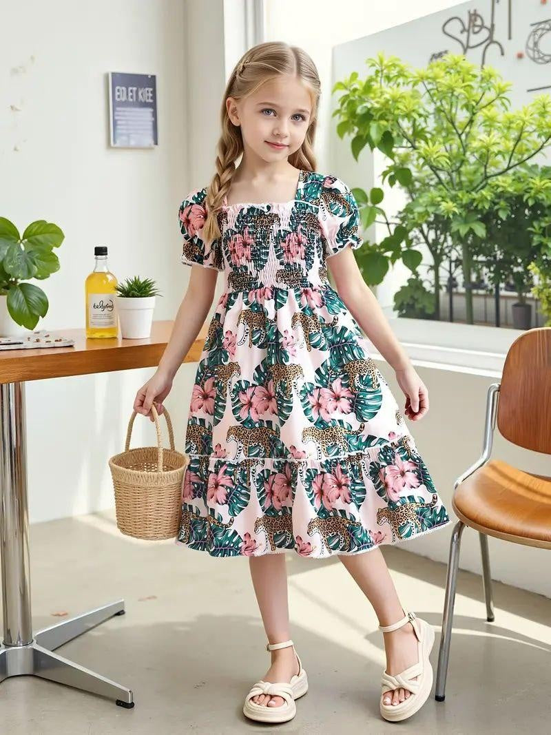 Girls' Floral Leopard Print Smocked Puff Sleeve Midi Dress | Summer Casual Party Wear Frock for Kids | Stylish Girls Floral Puff Sleeve Midi Frock with Smocked Bodice | Girls Summer Midi Dress