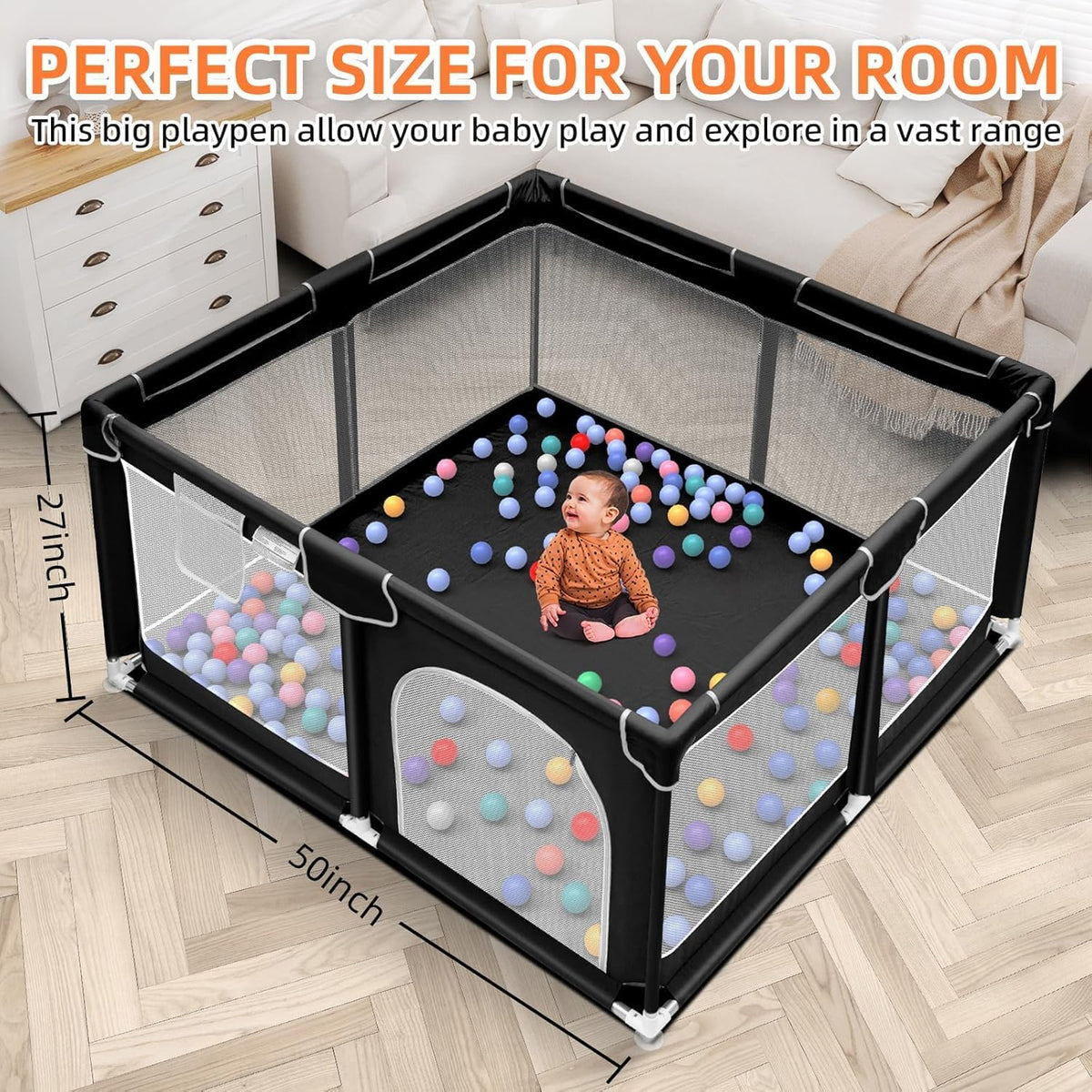 Baby Playpen with Ball – Portable Play Yard with Breathable Mesh Panels | Toddler Safety Fence for Indoor & Outdoor Use for Babies, Boys & Girls (Multicolour)