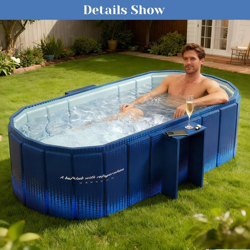 Adult Foldable Bathtub for Adults, Extra-Large Collapsible Soaking Tub with Temp Meter, Drain Pipe & Cushion, Portable Hot Cold Water Bath Tub for Home Spa (Aqua Blue)