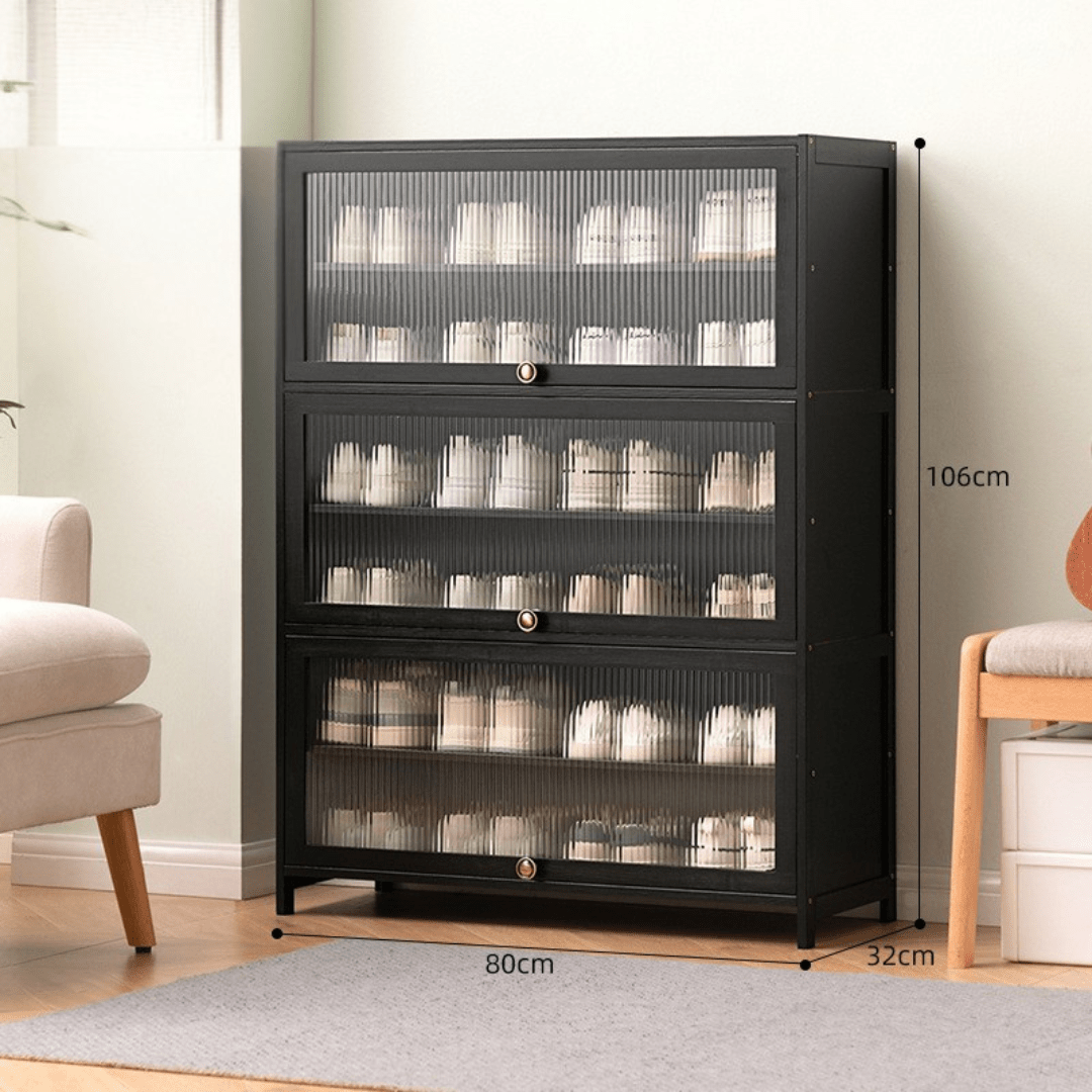 Multi-Tier Bamboo Shoe Rack with Transparent Flap Doors (Black-80cm)