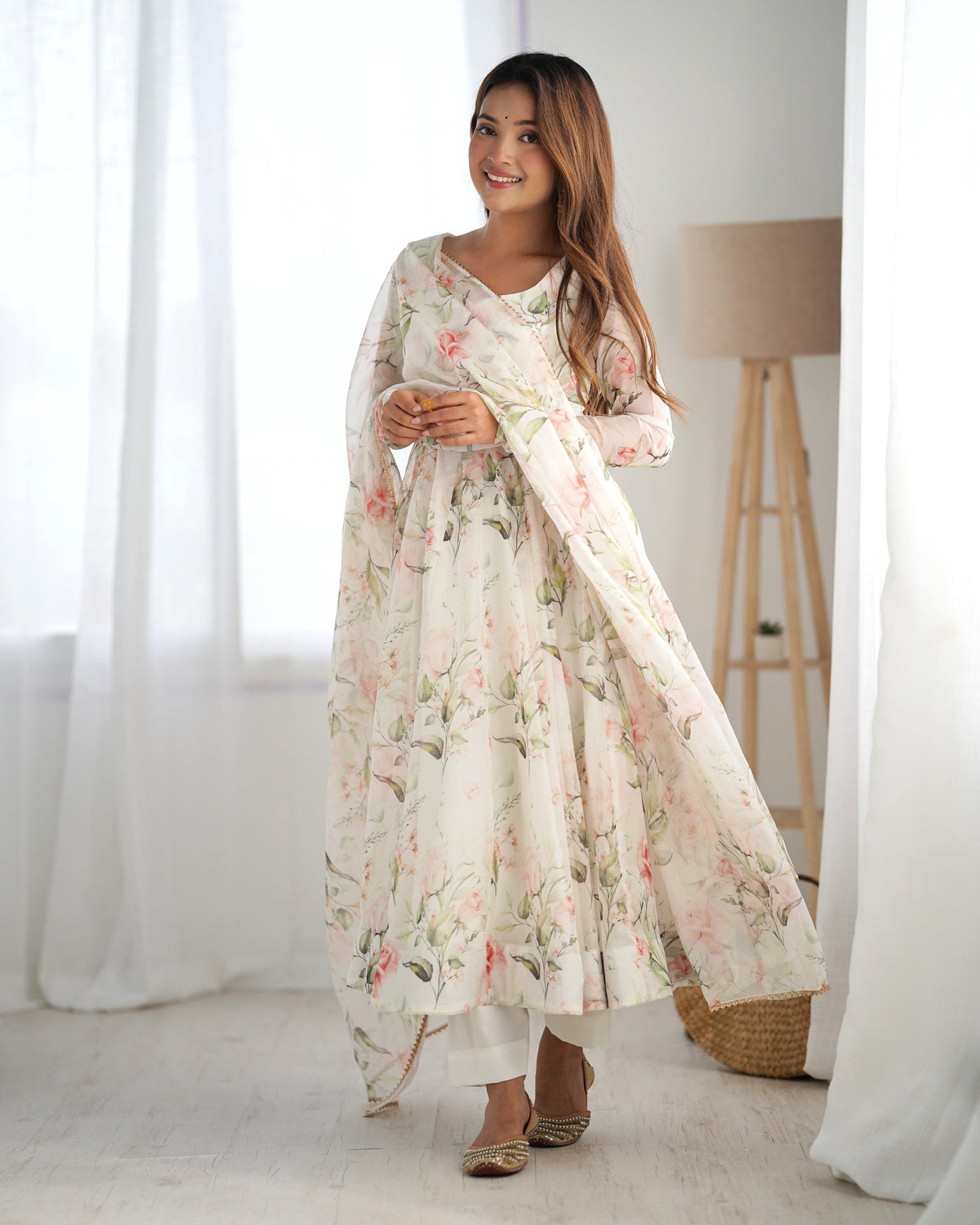 Off White Pure Soft Organja Silk Fabric Fully Flair Kali Pattern And Canvas Patta Salwar Suit
